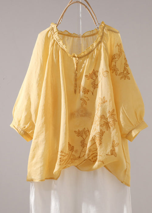 Loose Yellow Embroidered Ruffled Linen T Shirt Half Sleeve