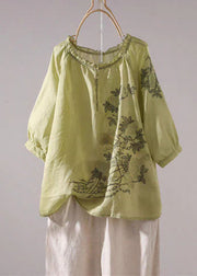 Loose Yellow Embroidered Ruffled Linen T Shirt Half Sleeve