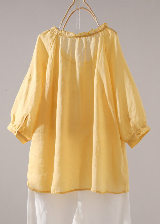 Loose Yellow Embroidered Ruffled Linen T Shirt Half Sleeve