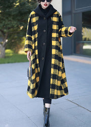 Loose Yellow Hooded Button Patchwork Woolen Coats Winter