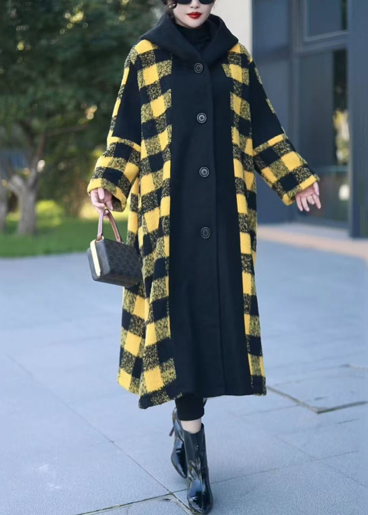 Loose Yellow Hooded Button Patchwork Woolen Coats Winter