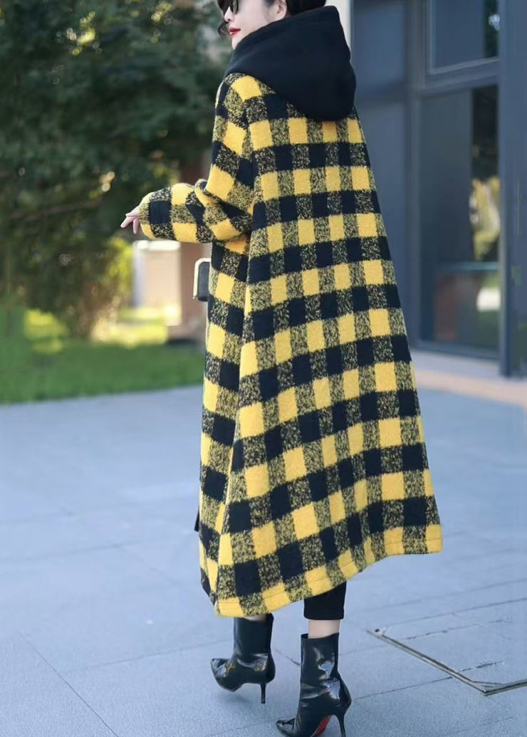 Loose Yellow Hooded Button Patchwork Woolen Coats Winter