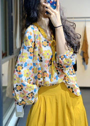 Loose Yellow Lace Up Print Cotton Top Long Sleeve