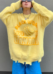 Loose Yellow Letter Cozy Patchwork Cotton Knit Sweater Spring