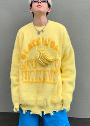 Loose Yellow Letter Cozy Patchwork Cotton Knit Sweater Winter