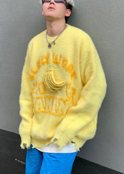 Loose Yellow Letter Cozy Patchwork Cotton Knit Sweater Spring