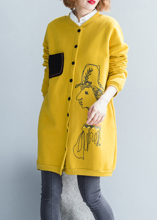 Loose Yellow O Neck Button Pockets Patchwork Thick Coat Fall