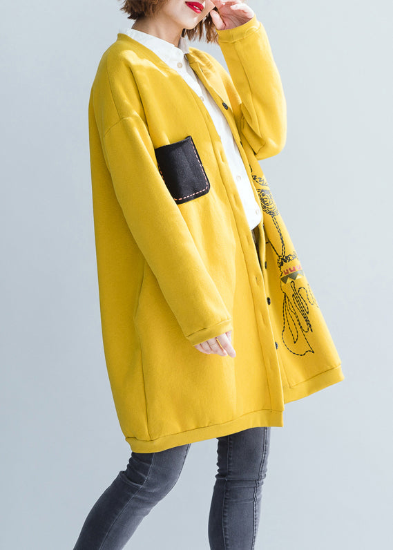 Loose Yellow O Neck Button Pockets Patchwork Thick Coat Fall