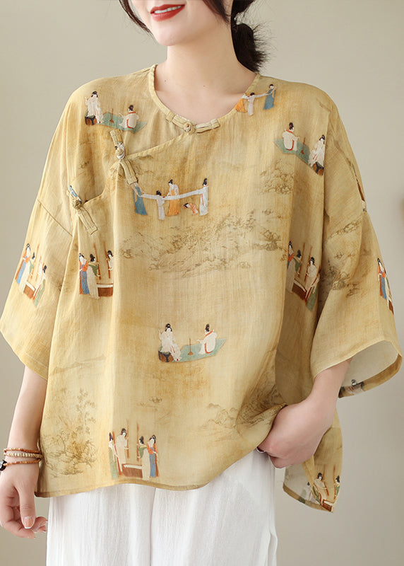 Loose Yellow O Neck Button Print Linen Shirts Batwing Sleeve