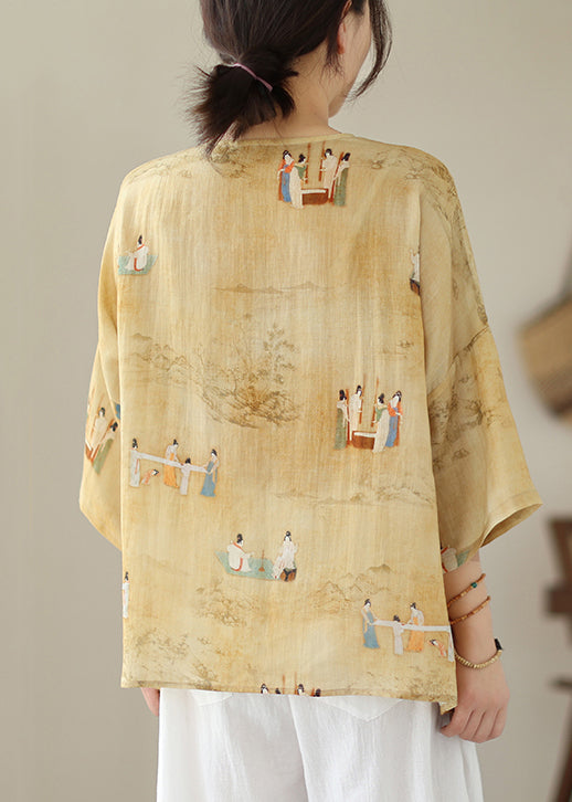 Loose Yellow O Neck Button Print Linen Shirts Batwing Sleeve