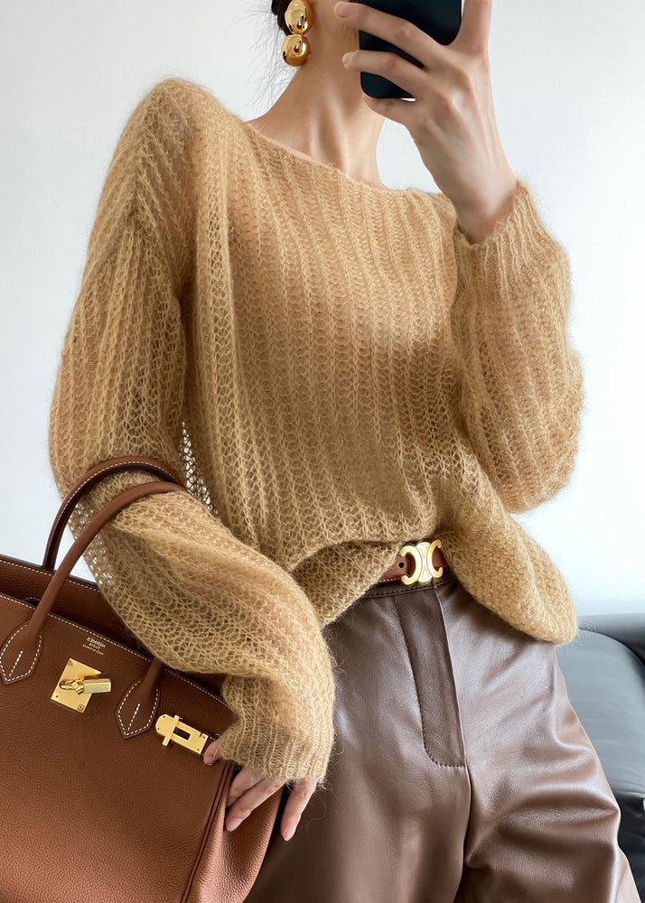 Loose Yellow O Neck Hollow Out Knit Sweaters Winter