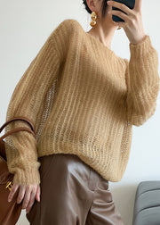 Loose Yellow O Neck Hollow Out Knit Sweaters Winter