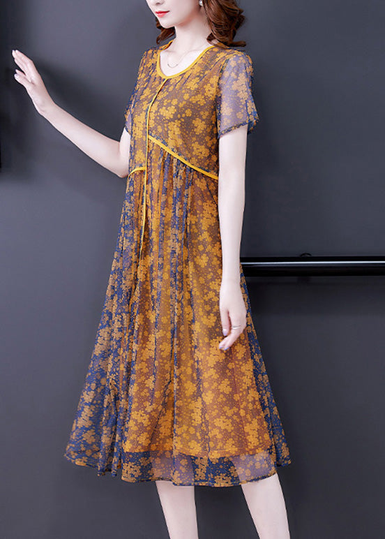 Loose Yellow O-Neck Patchwork Print Tulle Maxi Dresses Short Sleeve