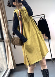 Loose Yellow O Neck Pockets Knitting Cotton Mid Dress Sleeveless