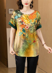 Loose Yellow O Neck Print Patchwork Silk T Shirt Summer