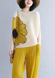 Loose Yellow O-Neck Print Top Batwing Sleeve