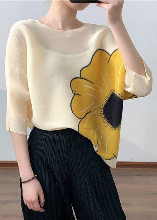 Loose Yellow O-Neck Print Top Batwing Sleeve