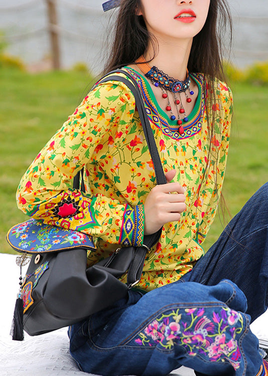 Loose Yellow O-Neck Print Top Long Sleeve