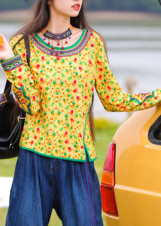 Loose Yellow O-Neck Print Top Long Sleeve