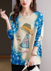 Loose Yellow O Neck Print Woolen Knitted Tops Spring