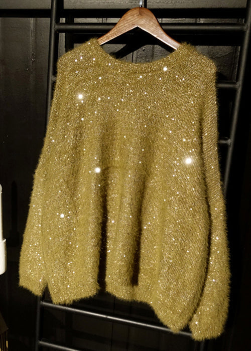 Loose Yellow O Neck Sequins Low High Design Knit Top Long Sleeve