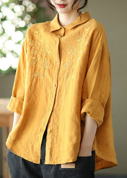 Loose Yellow Peter Pan Collar Embroideried Linen Shirts Long Sleeve