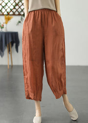 Loose Yellow Pockets Elastic Waist Linen Crop Pants Summer