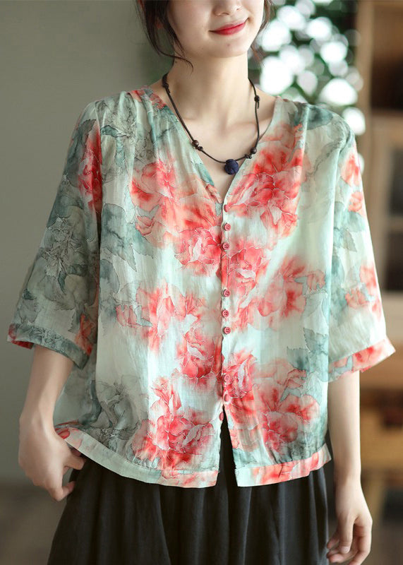 Loose Yellow Print Button Patchwork Cotton T Shirt Top Summer