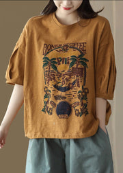 Loose Yellow Print Cotton Top Short Sleeve