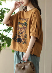 Loose Yellow Print Cotton Top Short Sleeve