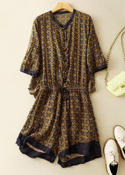 Loose Yellow Print Drawstring Linen Jumpsuits Summer