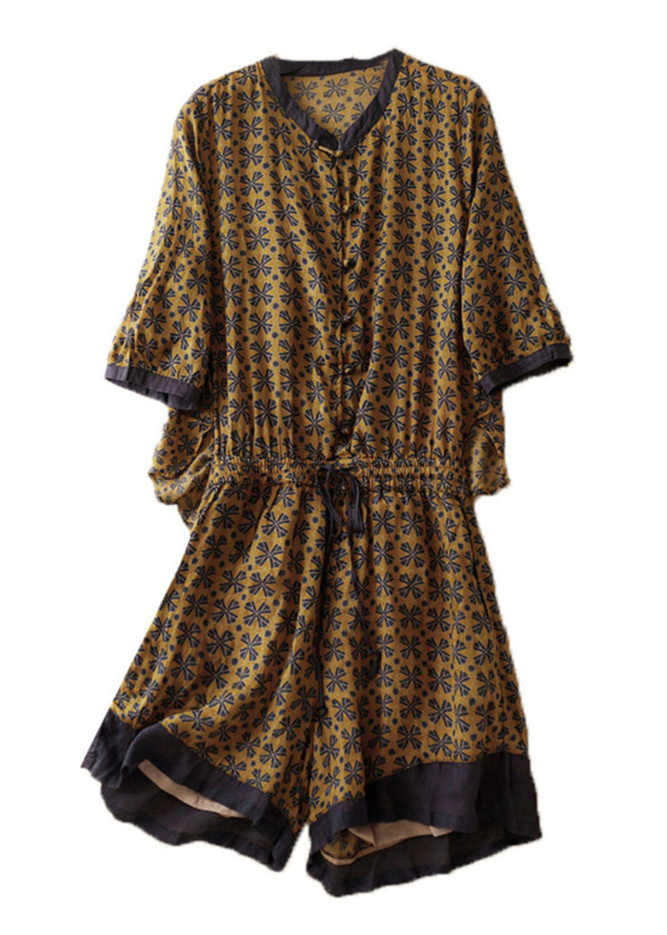 Loose Yellow Print Drawstring Linen Jumpsuits Summer