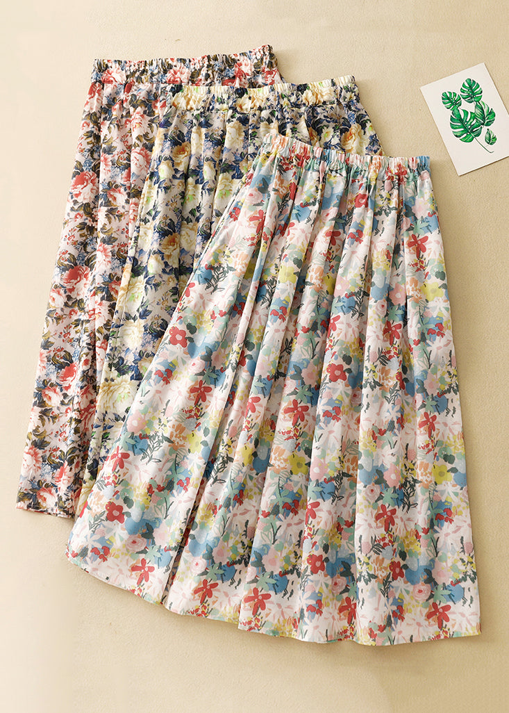 Loose Yellow Print Elastic Waist Cotton Skirt Summer
