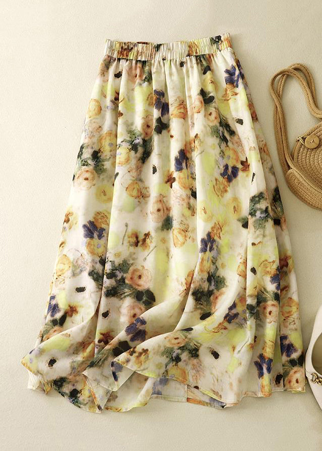 Loose Yellow Print Elastic Waist Cotton Skirts Summer