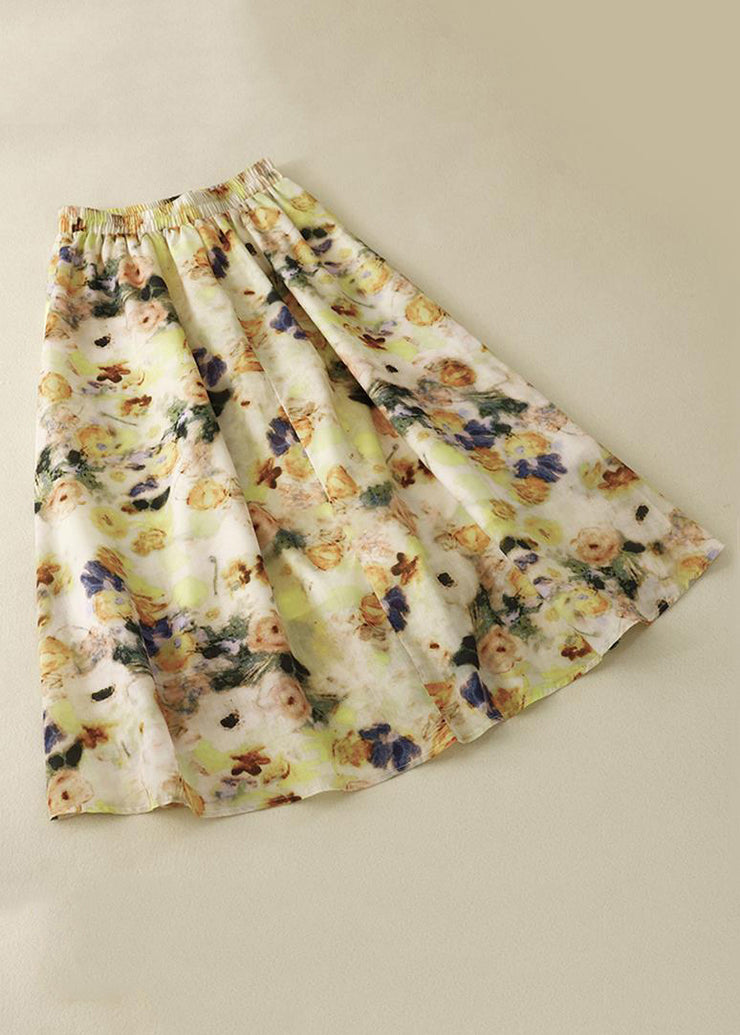 Loose Yellow Print Elastic Waist Cotton Skirts Summer