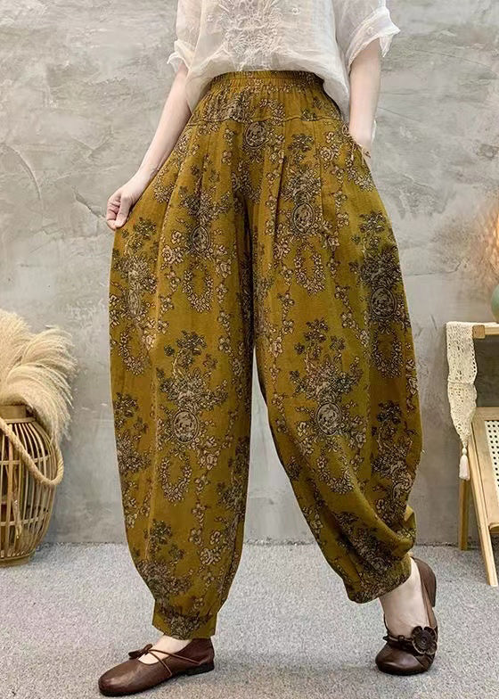 Loose Yellow Print Pockets Cotton Crop Pants Summer