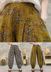 Loose Yellow Print Pockets Cotton Crop Pants Summer