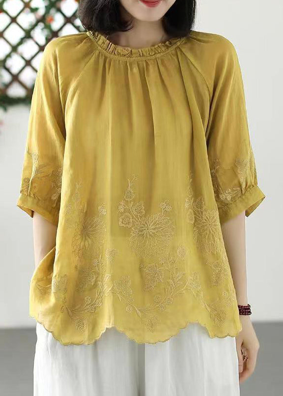 Loose Yellow Ruffled Embroideried Linen T Shirt Top Summer