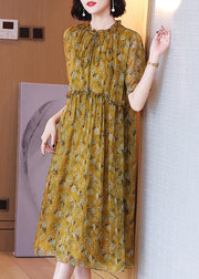 Loose Yellow Ruffled Lace Up Print Silk Dress Summer