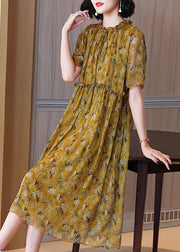 Loose Yellow Ruffled Lace Up Print Silk Dress Summer