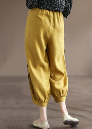 Loose Yellow Ruffled Pockets High Waist Linen Crop Pants Summer