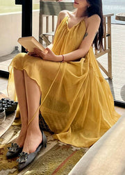 Loose Yellow Slash Neck Solid Chiffon Long Sliop Dresses Summer