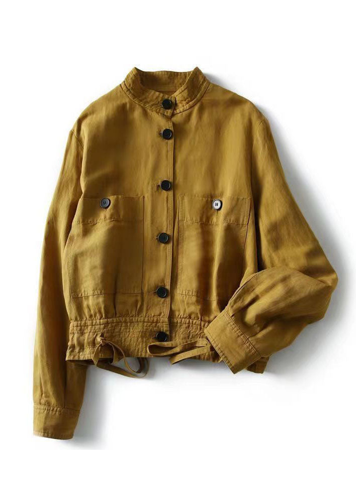 Loose Yellow Stand Collar Button Patchwork Cotton Jacket Fall