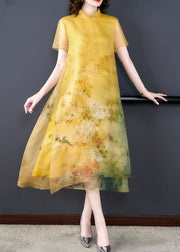 Loose Yellow Stand Collar Button Print Silk Long Dress Summer
