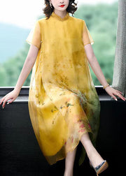 Loose Yellow Stand Collar Button Print Silk Long Dress Summer