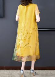 Loose Yellow Stand Collar Button Print Silk Long Dress Summer