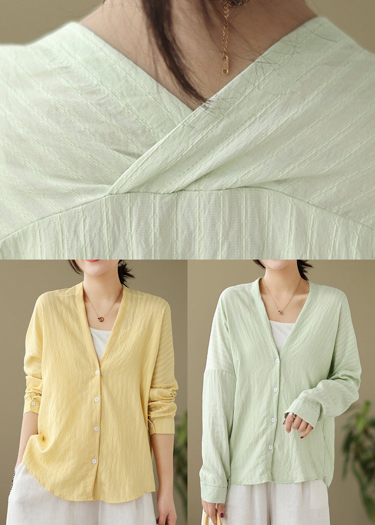 Loose Yellow V Neck Button Patchwork Cotton Shirts Coat Fall