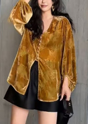 Loose Yellow V Neck Button Silk Velour Top Fall