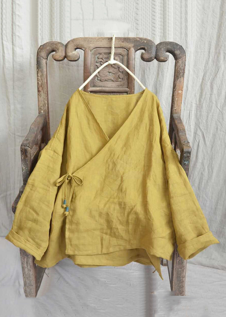 Loose Yellow V Neck Lace Up Solid Linen Shirts Long Sleeve