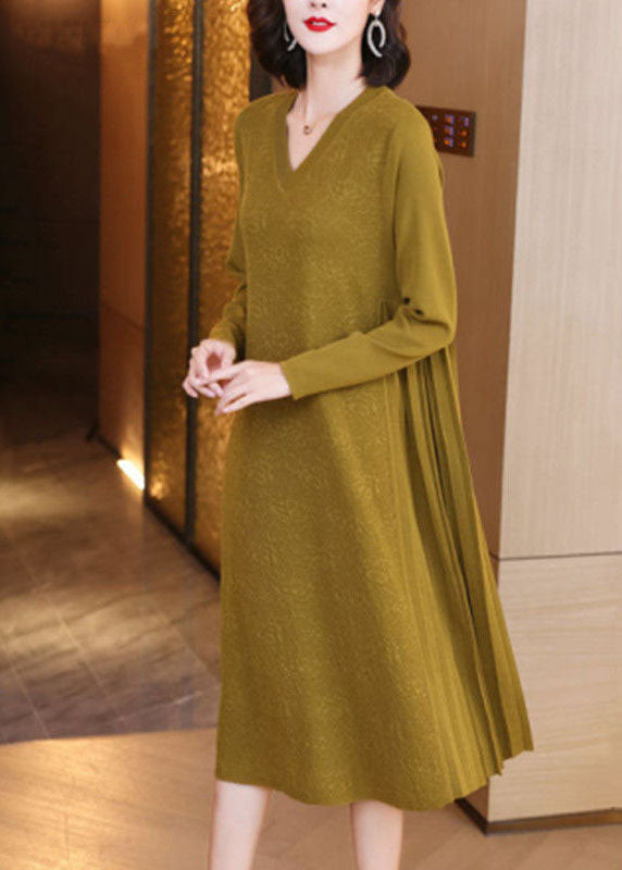 Loose Yellow V Neck Patchwork Wrinkled Jacquard Knit Maxi Dresses Spring